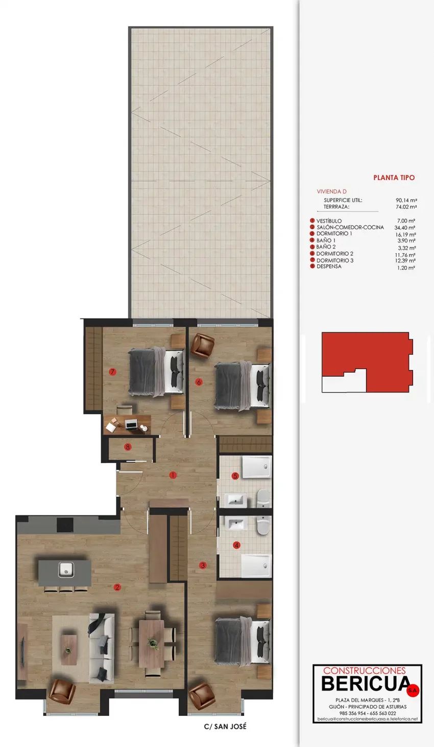 3 Dormitorios con terraza